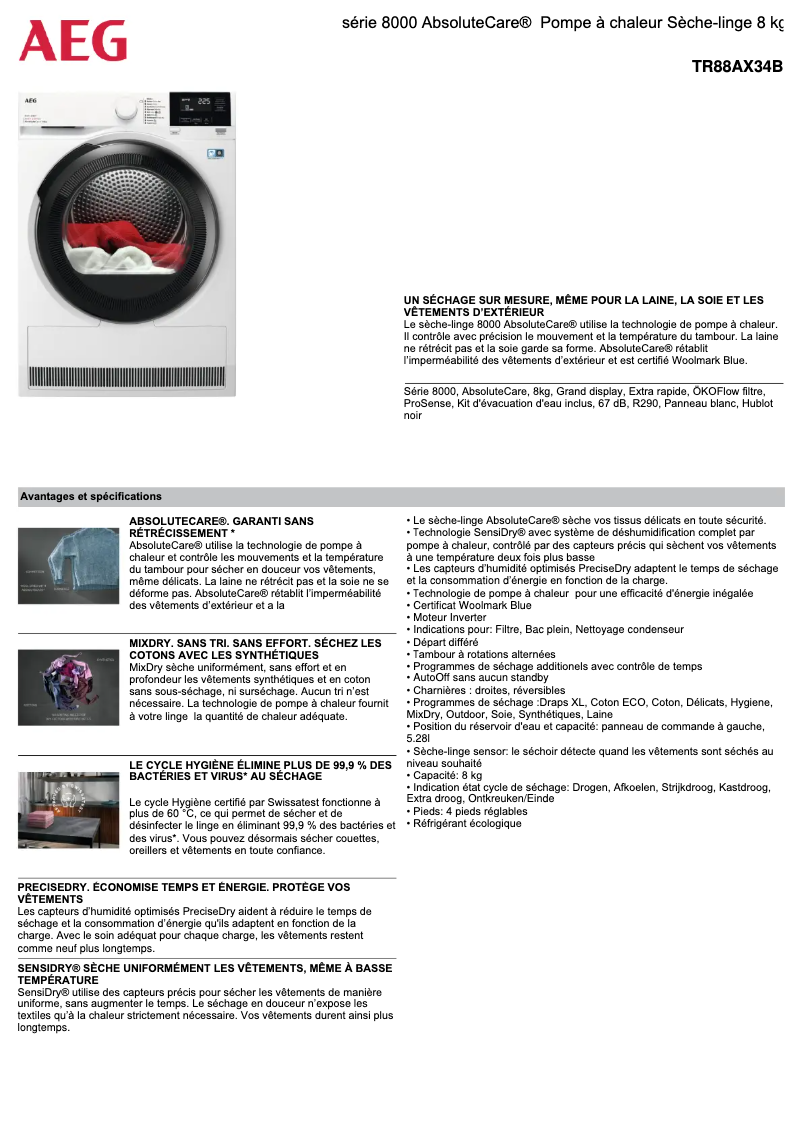 Page 1 de la notice Fiche technique AEG TR88AX34B
