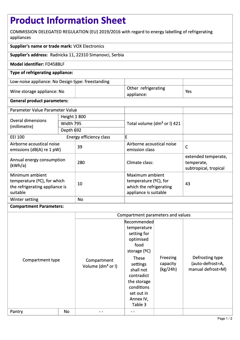 Página 1 del manual Ficha técnica VOX FD458BLE
