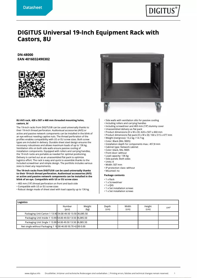 Page 1 de la notice Fiche technique Digitus DN-48000