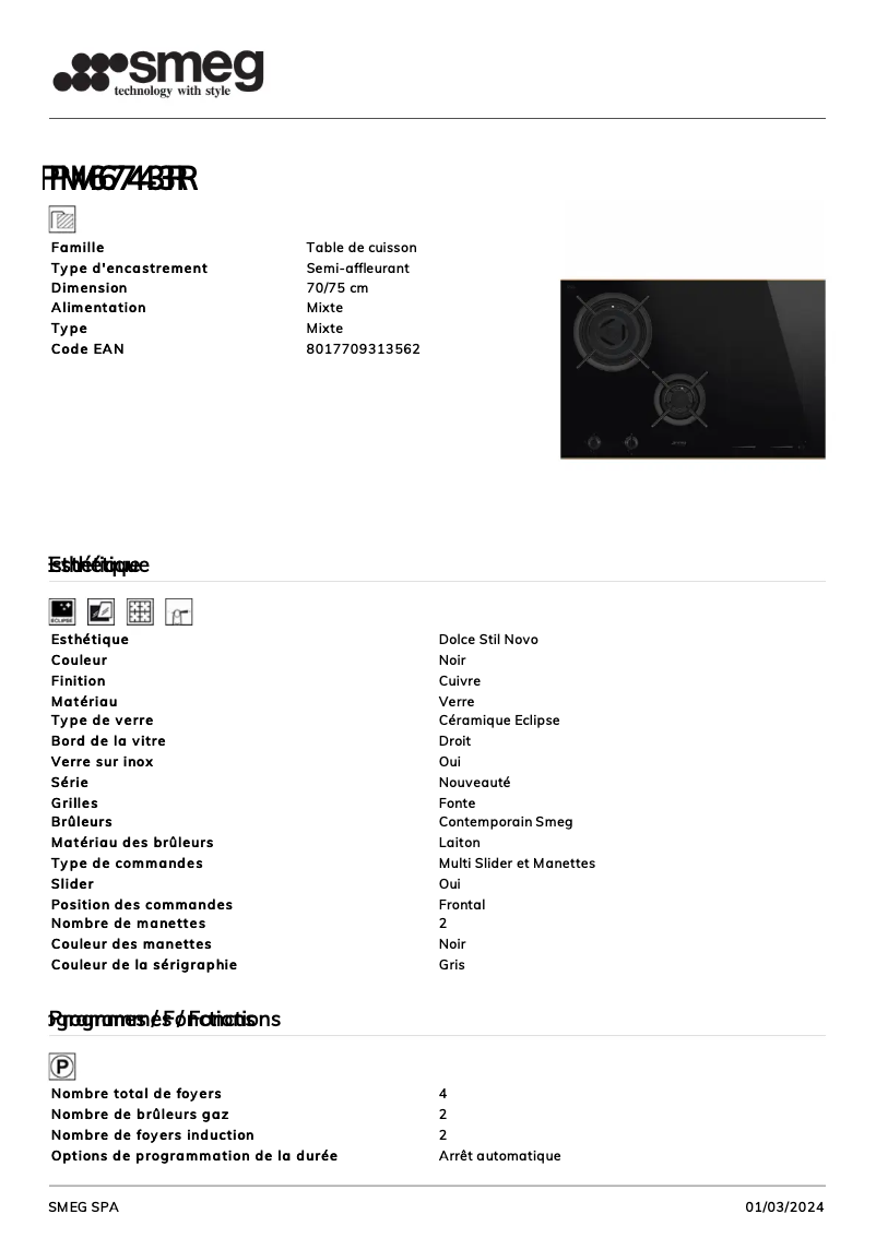 Página 1 del manual Ficha técnica Smeg PM6743R