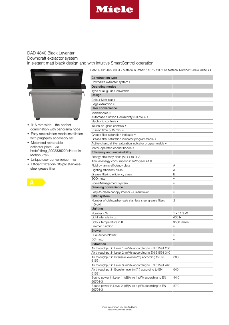 Página 1 del manual Ficha técnica Miele DAD 4840