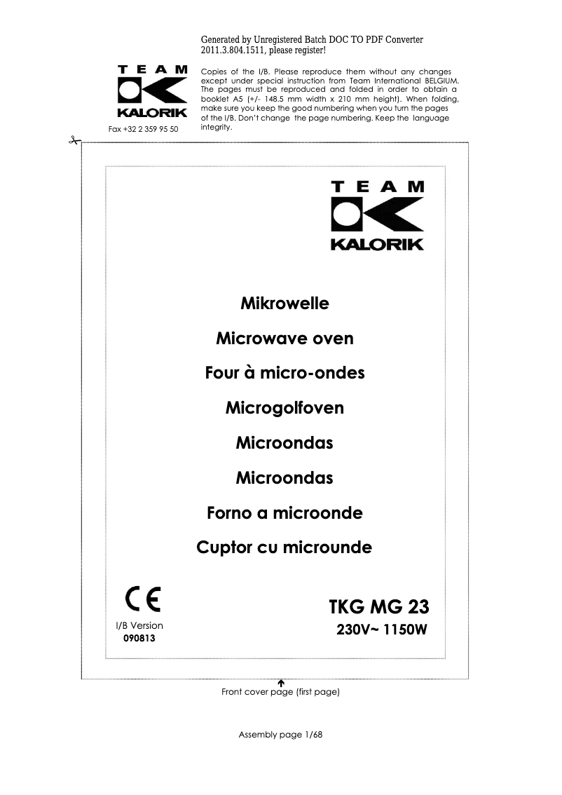 Page 1 de la notice Manuel utilisateur Kalorik TKG MG 23