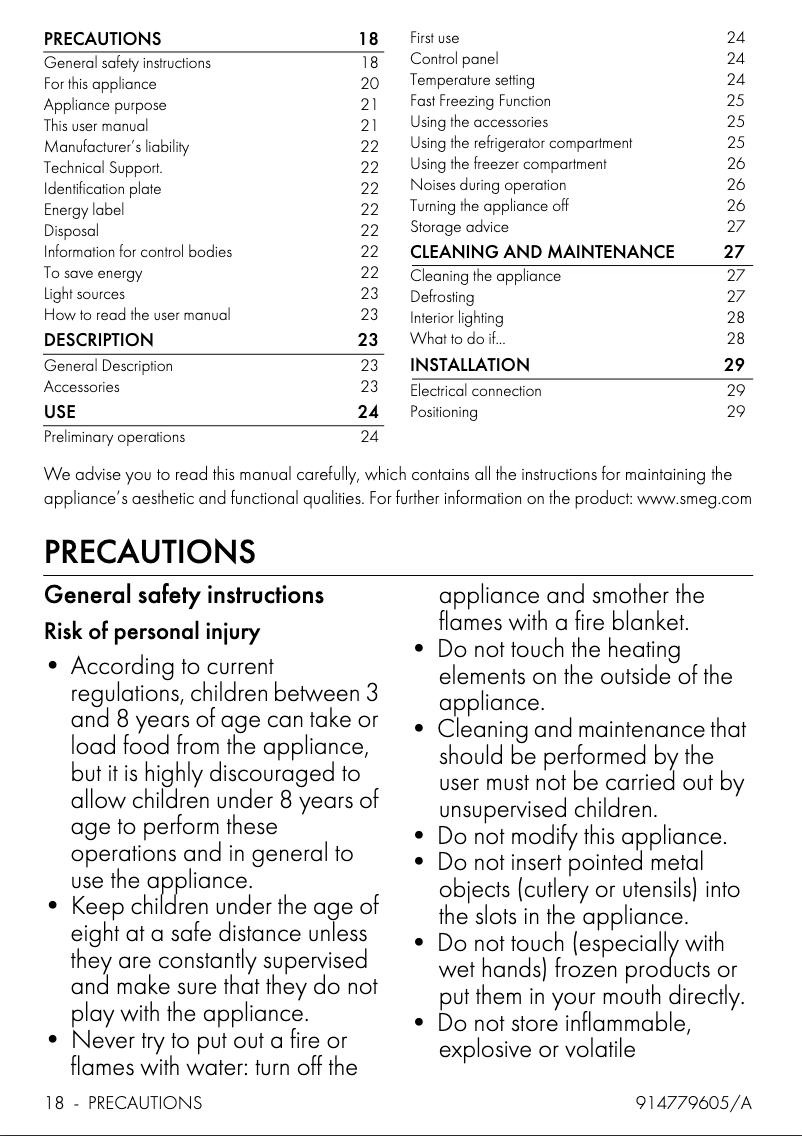 Página 1 del manual Folleto Smeg FAB10RPB5