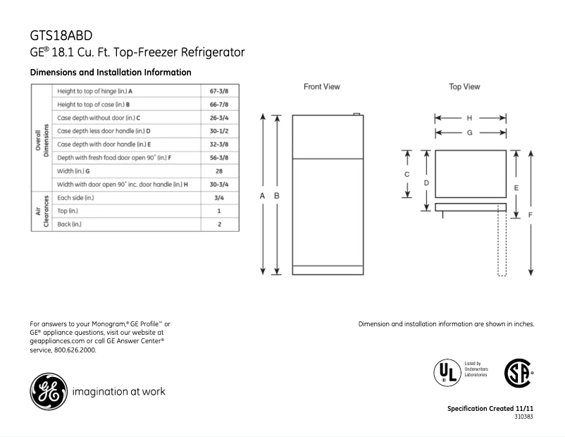 Page 1 de la notice Fiche technique GE GTS18ABDWW