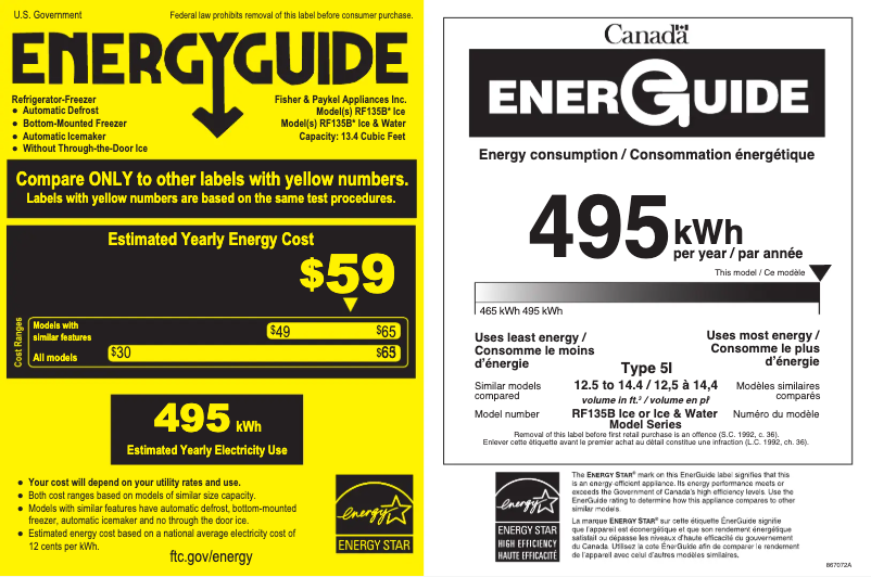 Page 1 de la notice Label énergétique Fisher & Paykel RF135BLPJX6