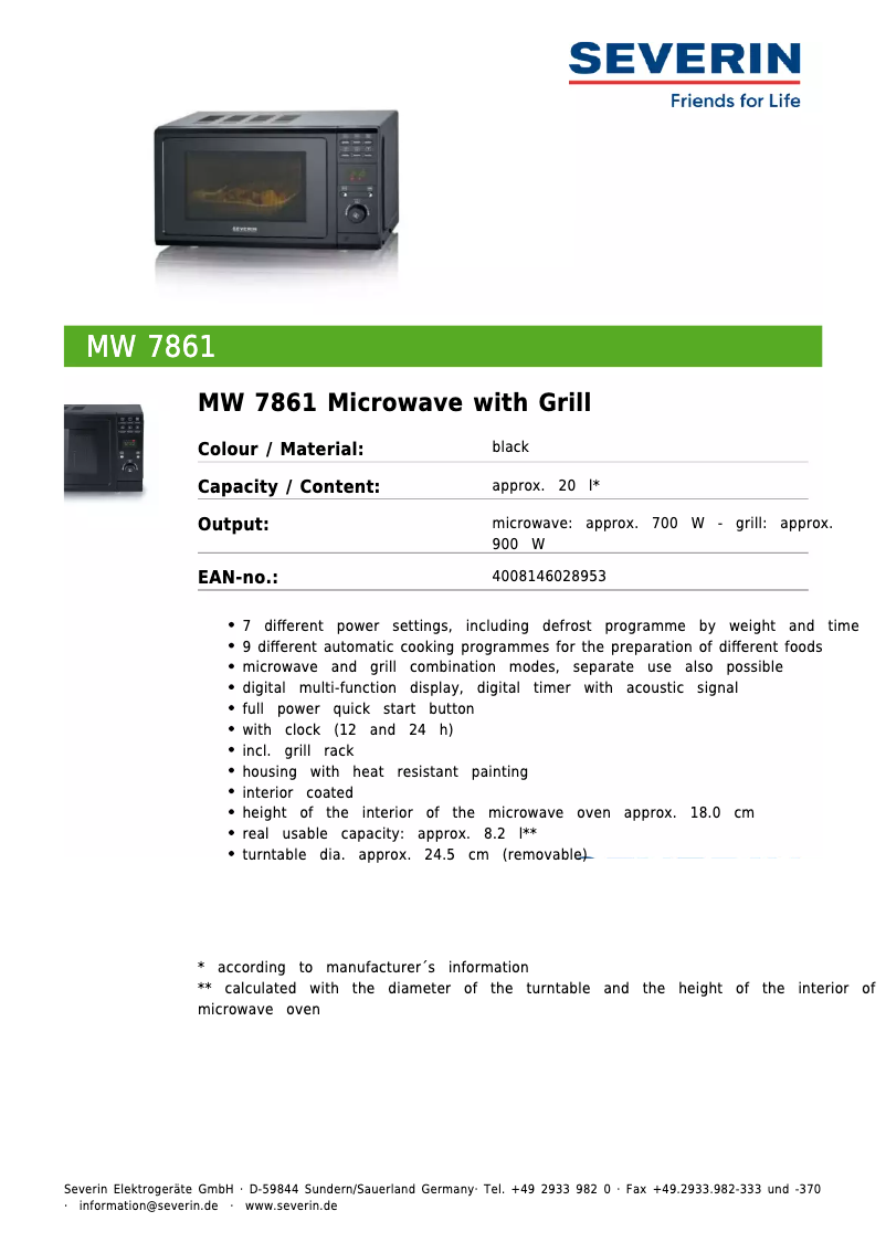 Page 1 de la notice Fiche technique Severin MW 7861