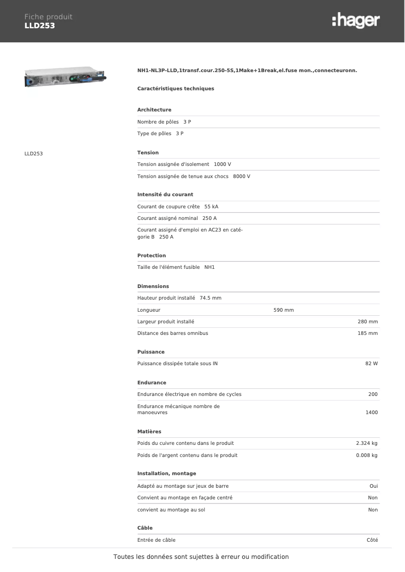 Page 1 de la notice Fiche technique Hager LLD253