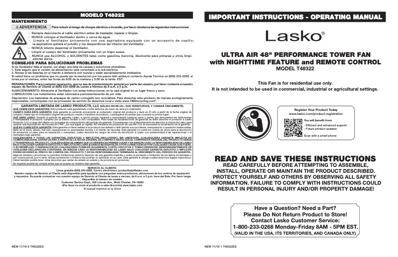 Page 1 de la notice Manuel utilisateur Lasko Ultra Air Performance T48322