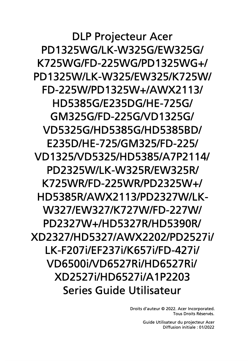 Page 1 de la notice Manuel utilisateur Acer PD2327W