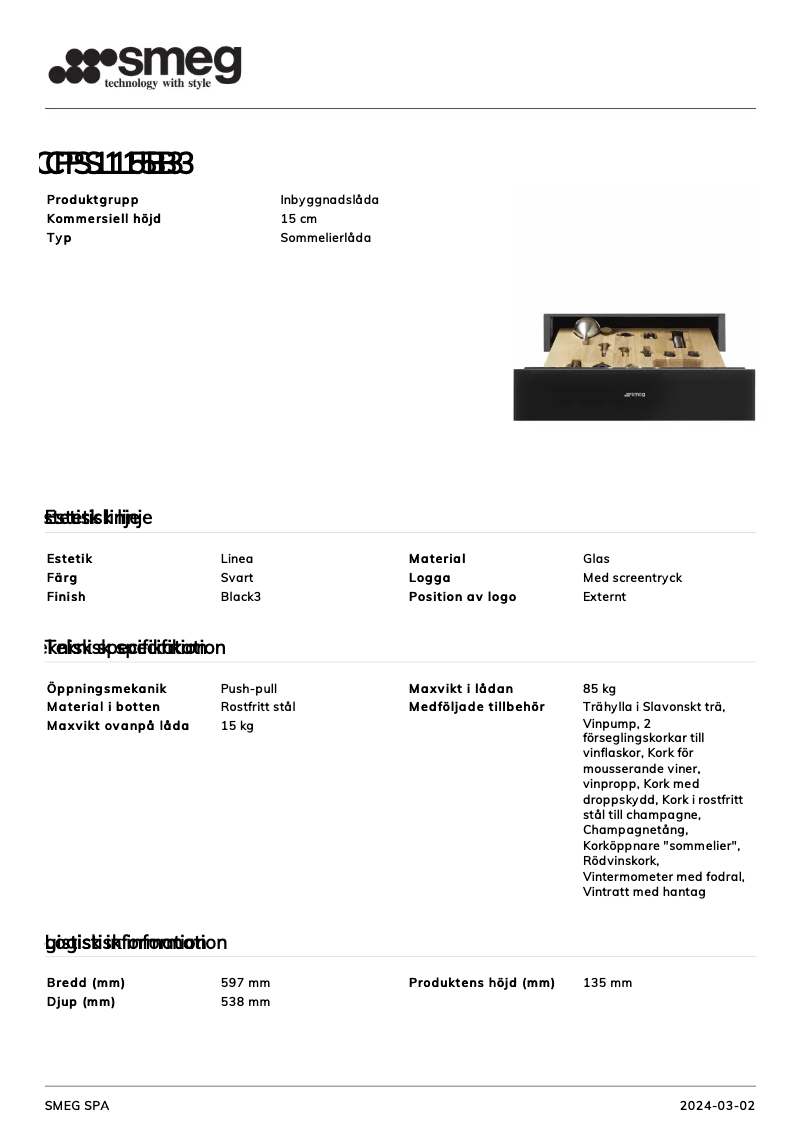 Page 1 de la notice Fiche technique Smeg CPS115B3