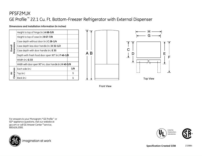 Page 1 de la notice Fiche technique GE PFSF2MJXWW
