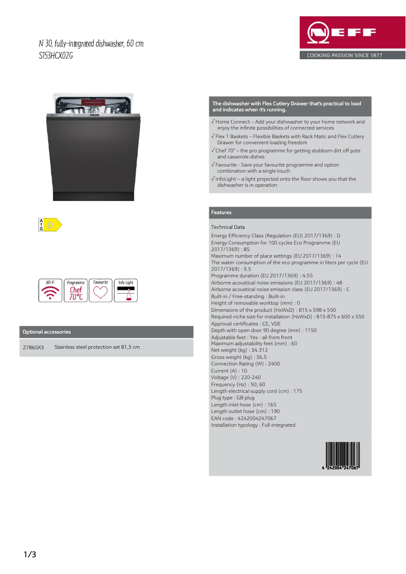 Page 1 of the manual Technical Sheet Neff S153HCX02G