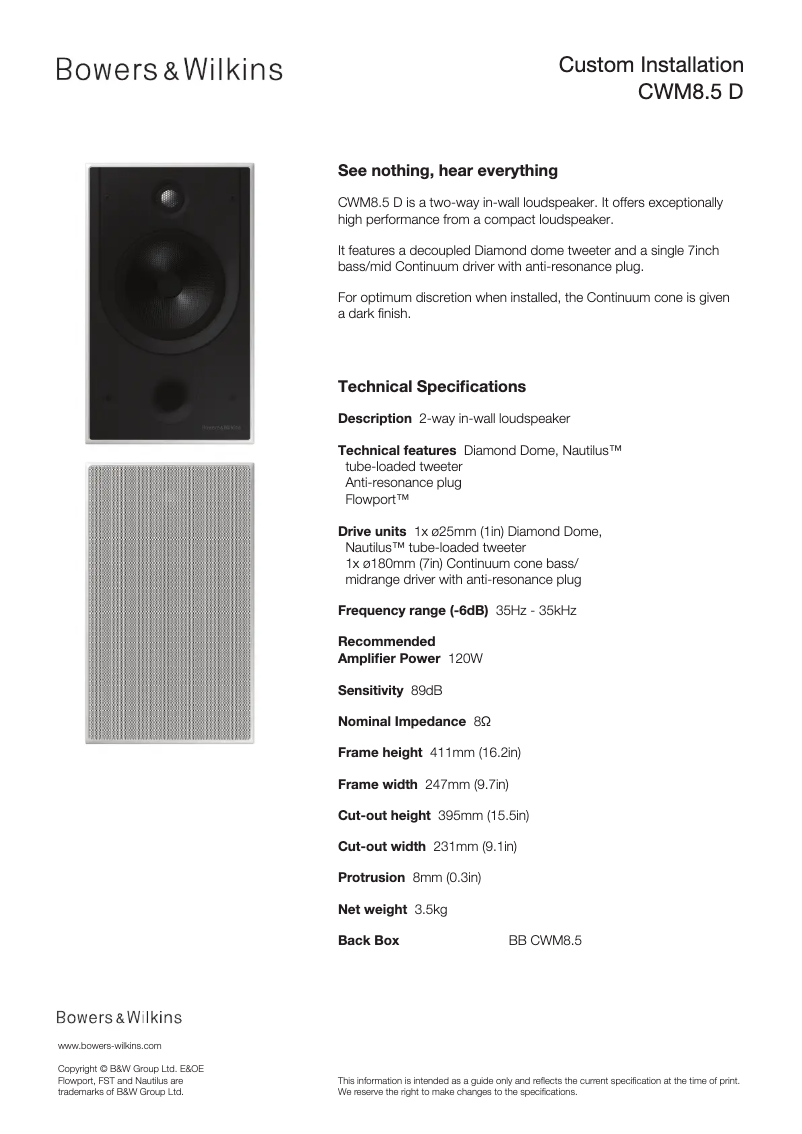 Page 1 de la notice Fiche technique Bowers & Wilkins CWM8.5 D