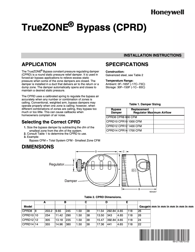 Page 1 de la notice Fiche technique Honeywell TrueZONE Bypass CPRD8