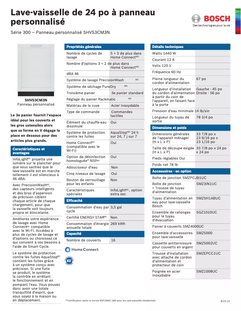Page 1 de la notice Fiche technique Bosch SHV53CM3N