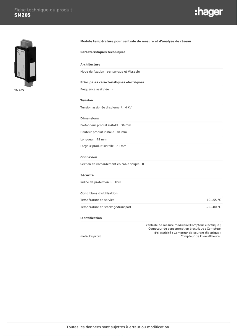 Page 1 de la notice Fiche technique Hager SM205