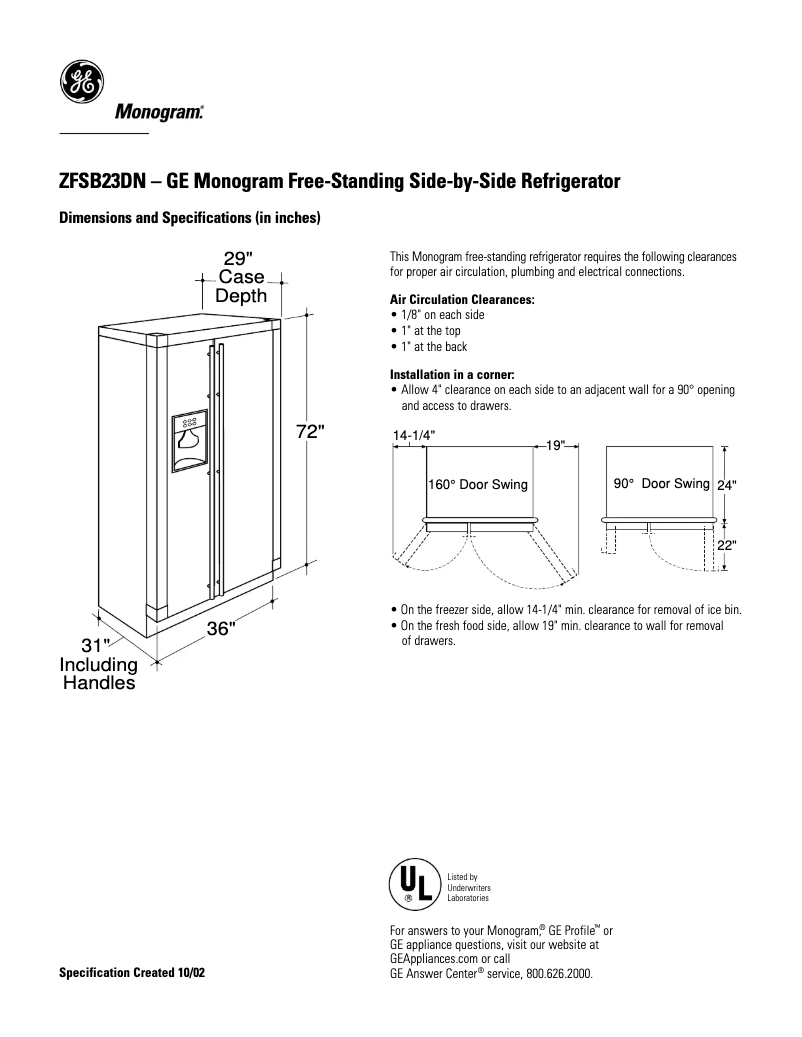 Página 1 del manual Ficha técnica GE ZFSB23DNSS