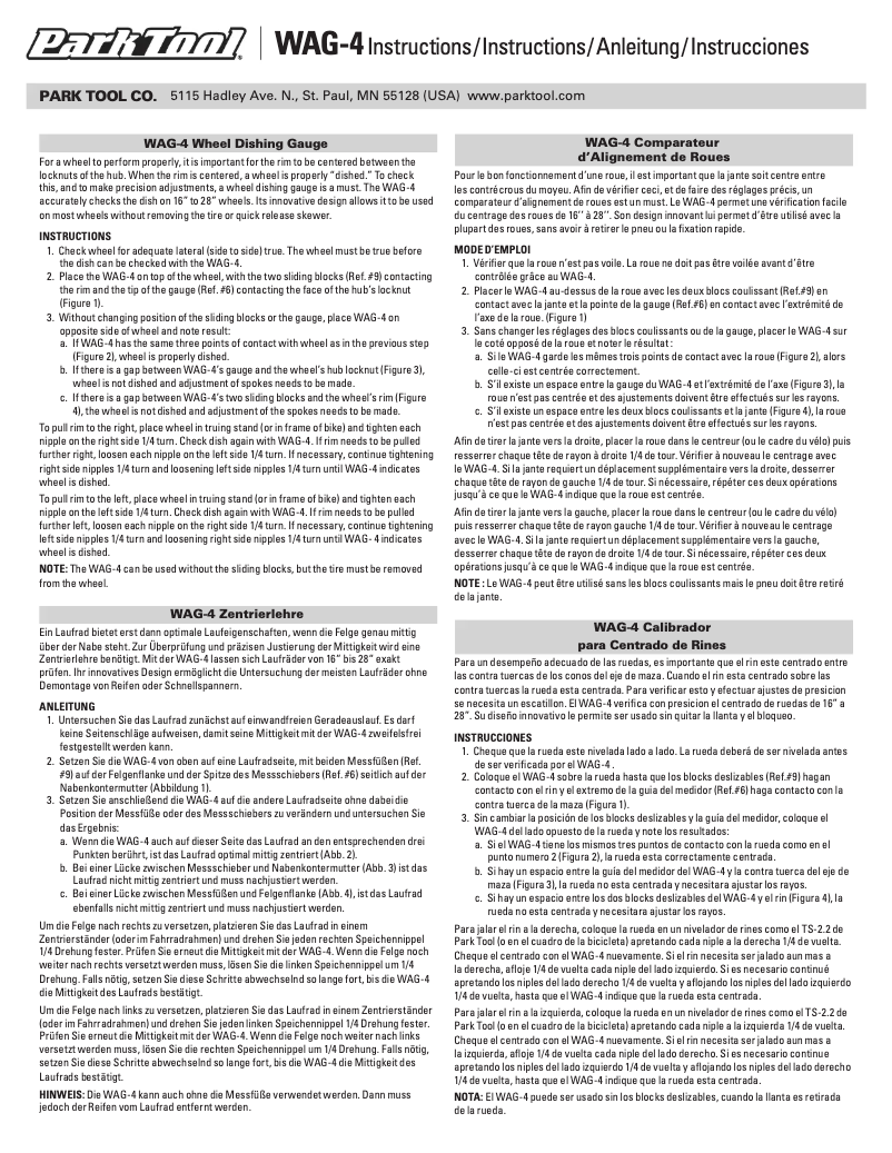 Page 1 de la notice Manuel utilisateur Park Tool WAG-4