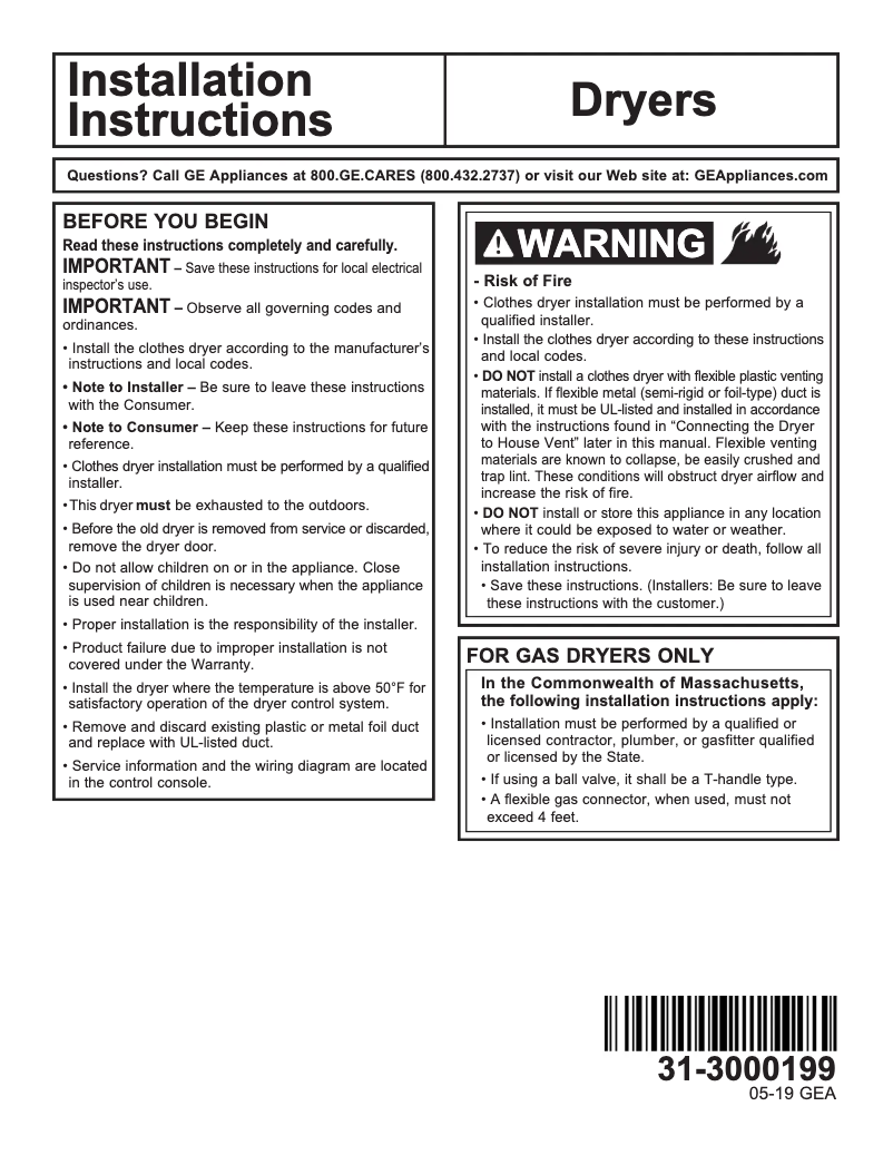 Página 1 del manual Guía de instalación GE GTD72EBPNDG