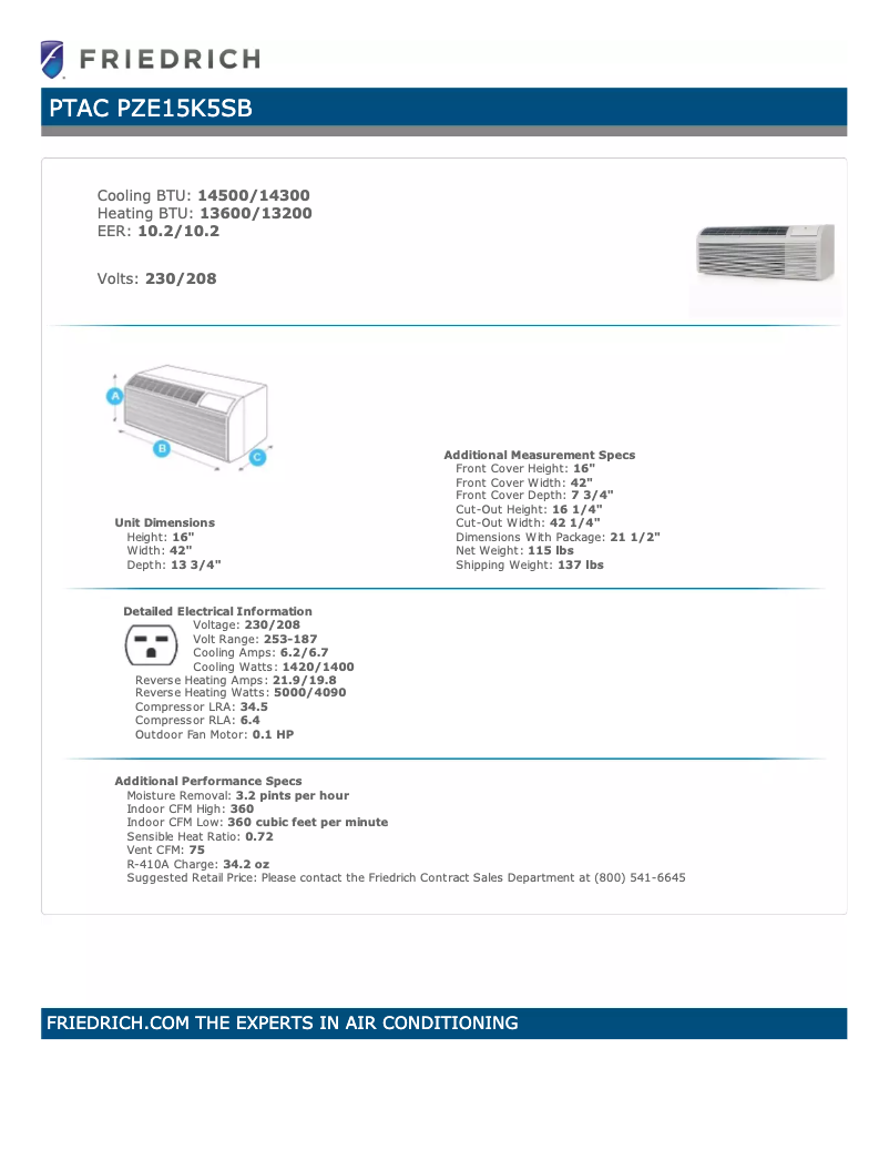Page 1 de la notice Fiche technique Friedrich PZE15K5SB