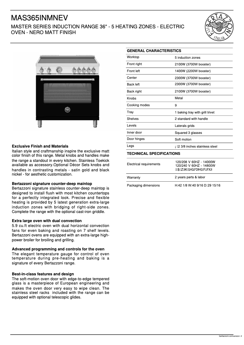 Page 1 de la notice Fiche technique Bertazzoni MAS365INMNEV