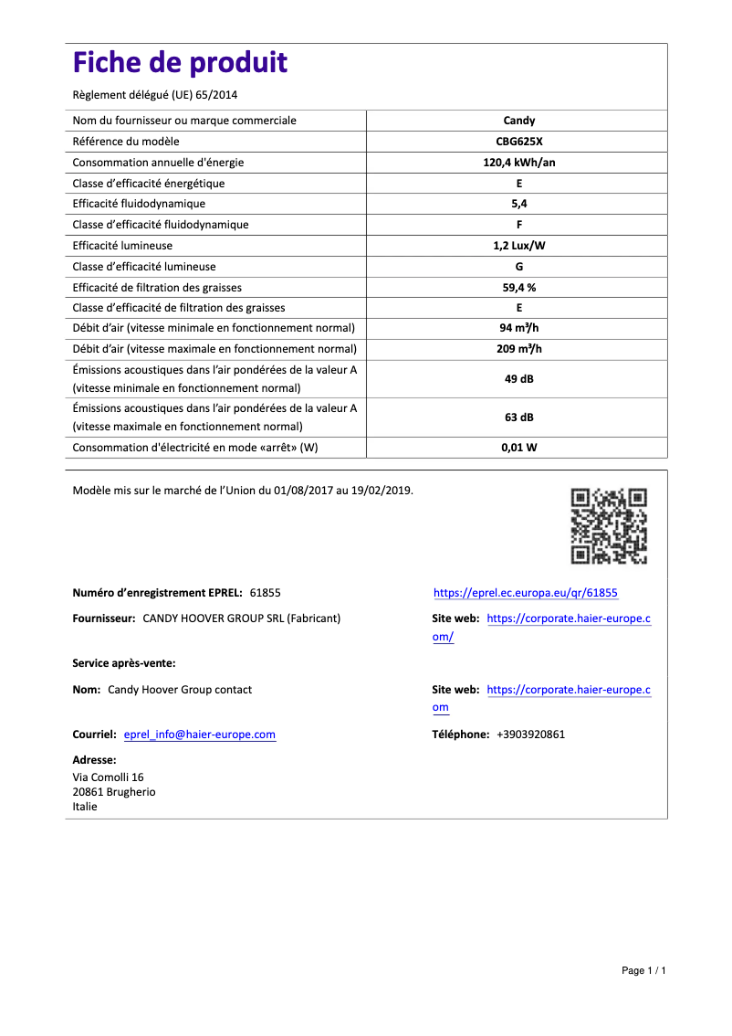 Page 1 of the manual User Manual Candy CBG625X
