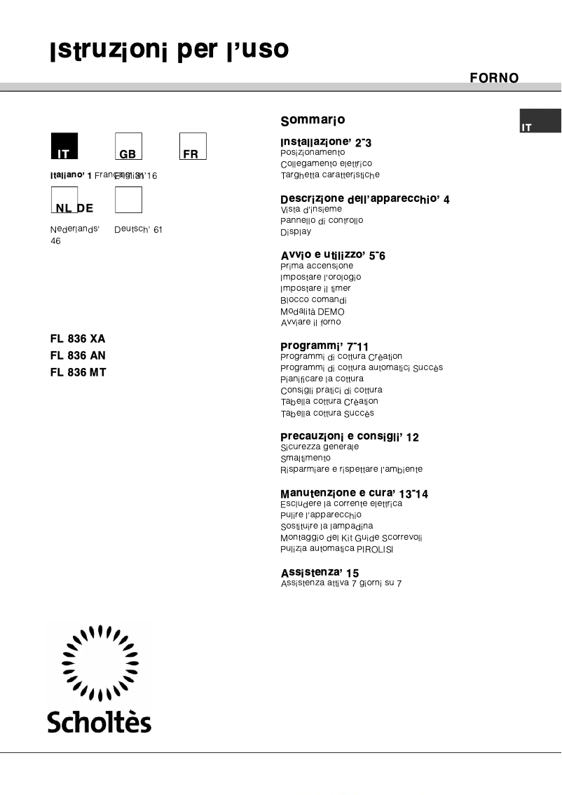 Page 1 de la notice Manuel utilisateur Scholtès FL 836 MT
