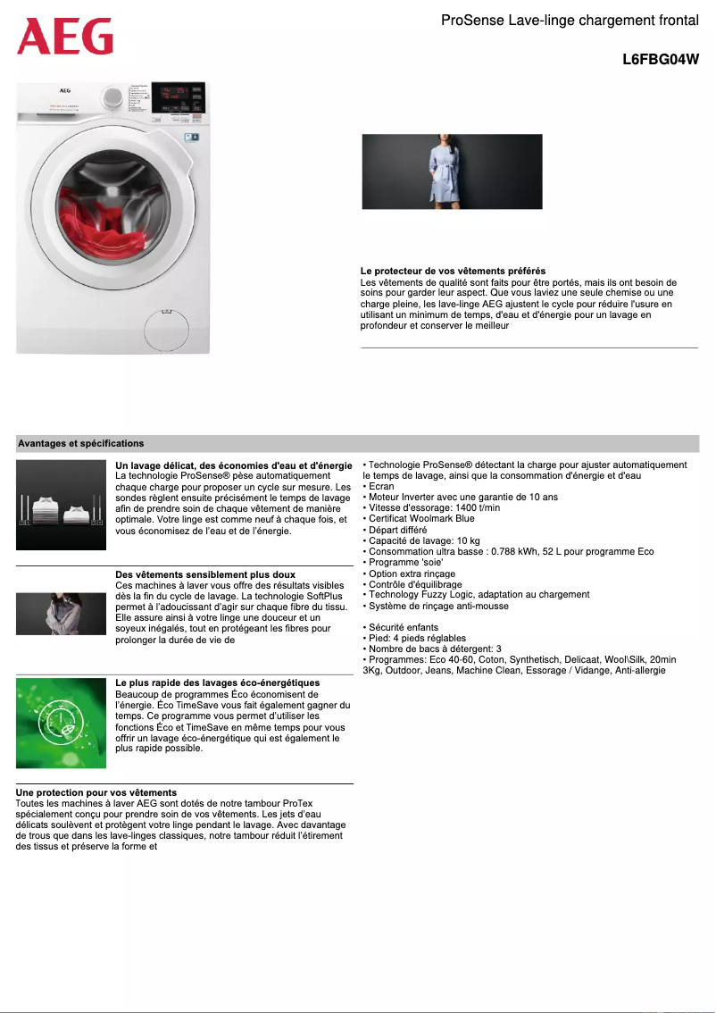 Page 1 de la notice Fiche technique AEG L6FBG04W