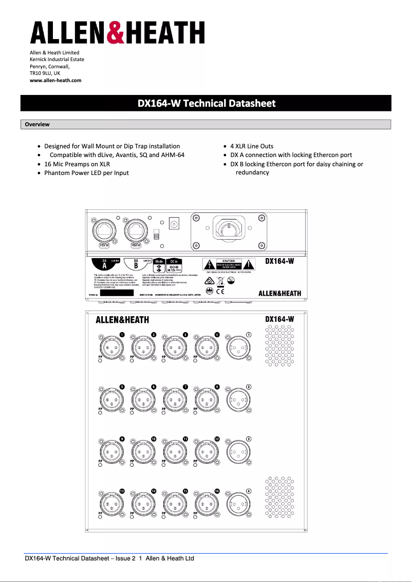 Page 1 de la notice Fiche technique Allen & Heath DX164-W