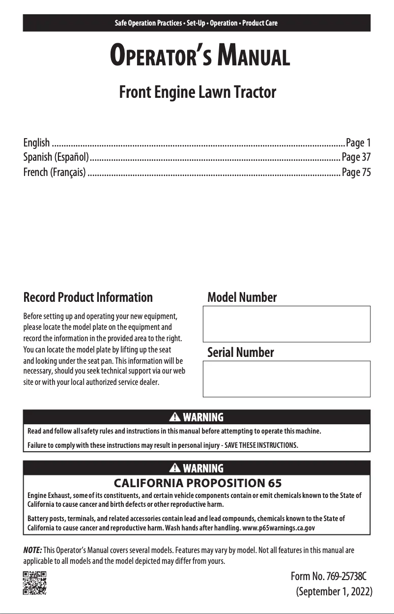 Page 1 de la notice Manuel utilisateur Troy-Bilt Super Bronco 46K XP