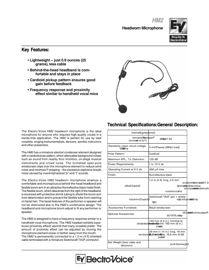 Page 1 de la notice Manuel utilisateur Electro-Voice HM2