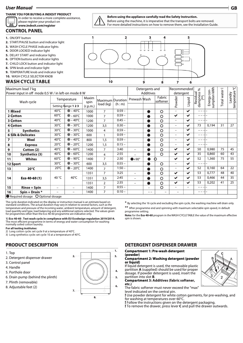 Page n°1 - Manuel d'utilisation et d'entretien Indesit MTWC 71485 W UK