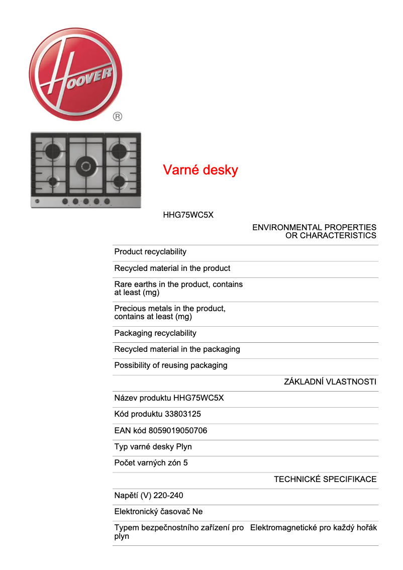 Página 1 del manual Ficha técnica Hoover HHG75WC5X