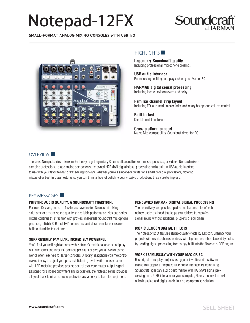 Page 1 de la notice Fiche technique Soundcraft Notepad-12FX