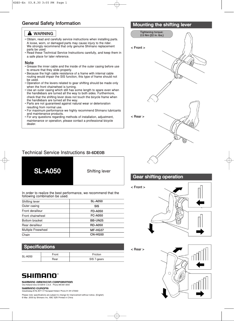 Página 1 del manual Manual de usuario Shimano SL-A050-LN