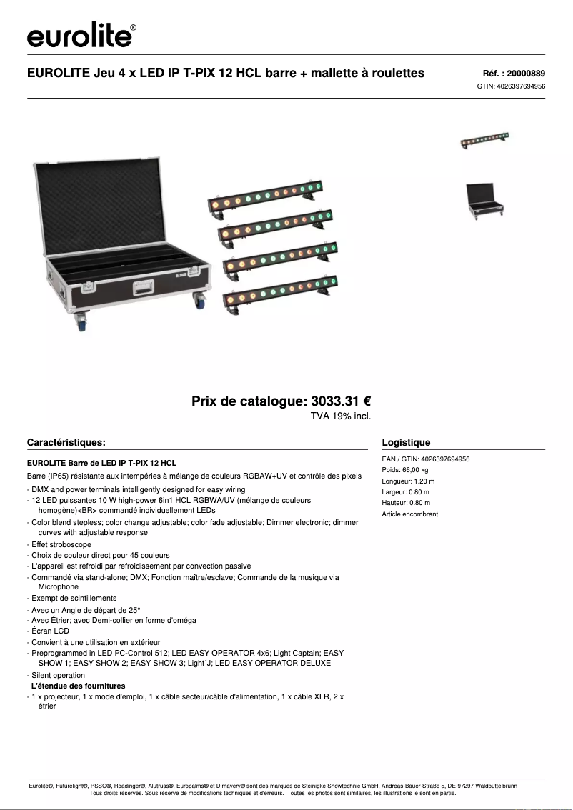 Page 1 de la notice Fiche technique Eurolite LED IP T-PIX 12