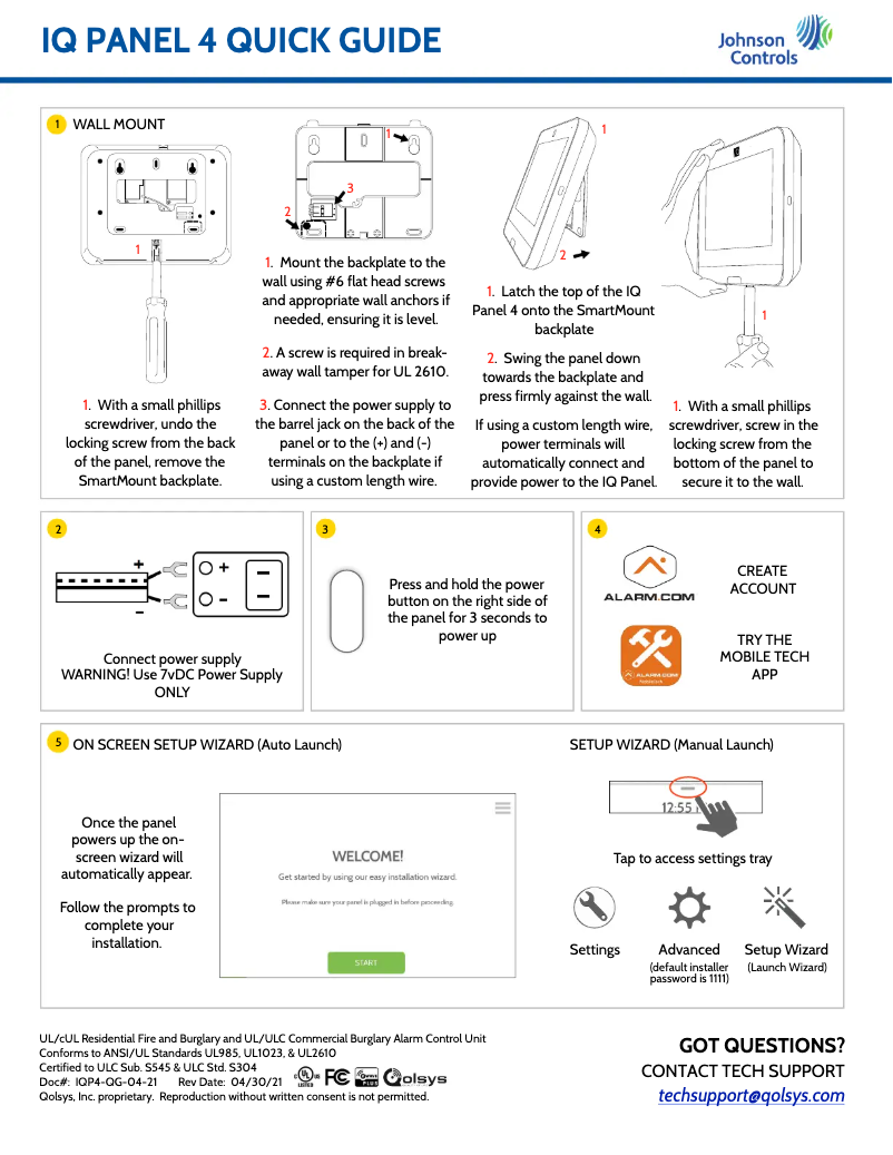 Page 1 de la notice Guide de démarrage rapide Qolsys IQ Panel 4