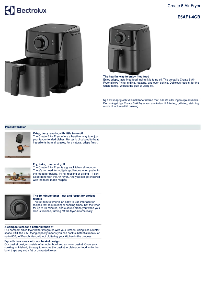 Page 1 de la notice Fiche technique Electrolux Create 5 E5AF1-4GB