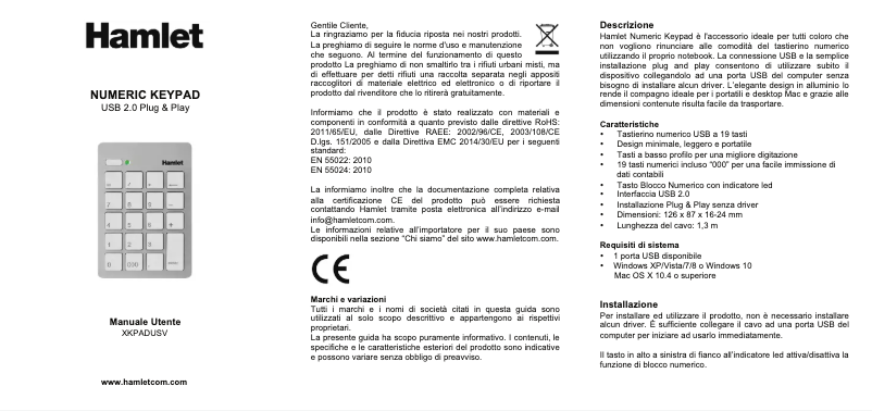 Page 1 de la notice Manuel utilisateur Hamlet XKPADUSV