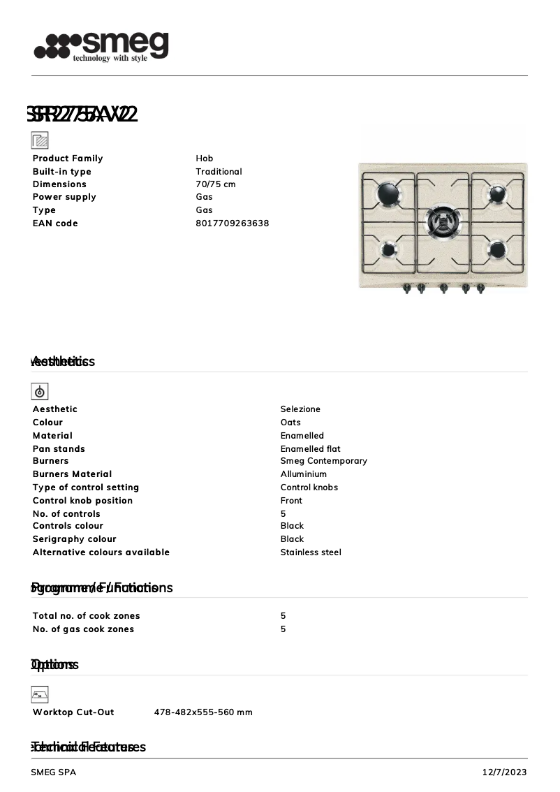 Page 1 de la notice Fiche technique Smeg SR275AV2