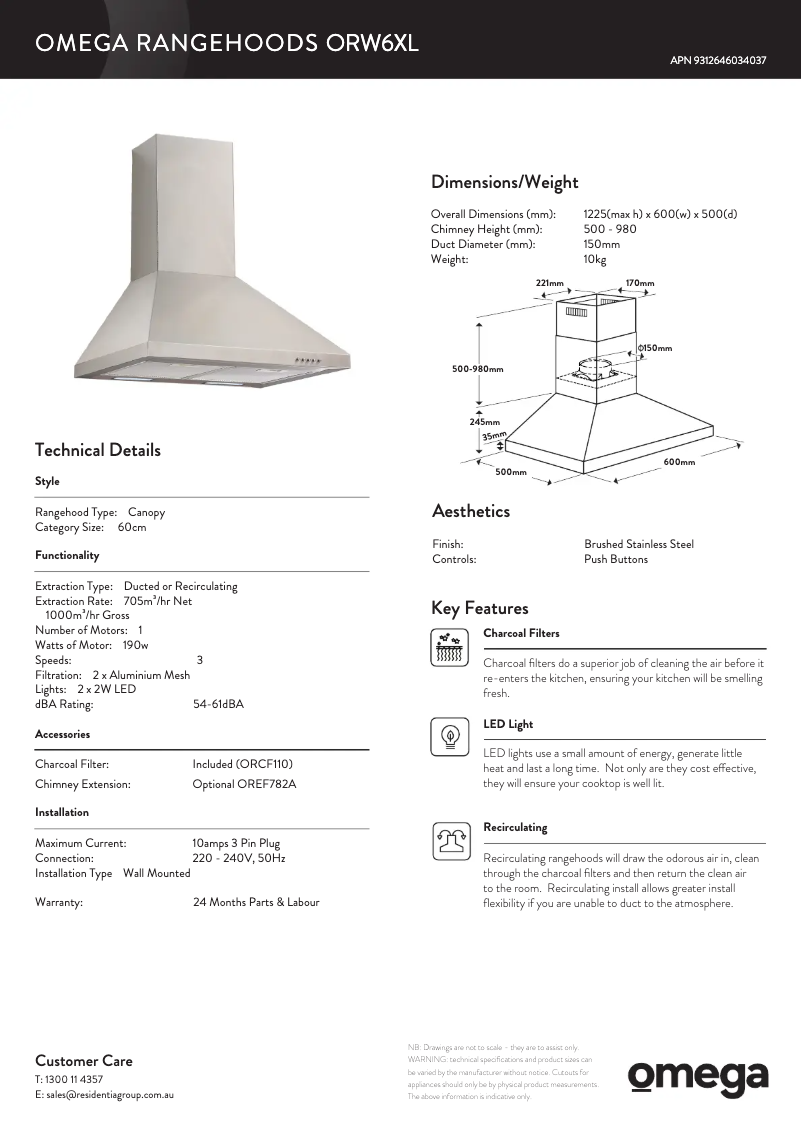 Page 1 de la notice Fiche technique Omega ORF60XL