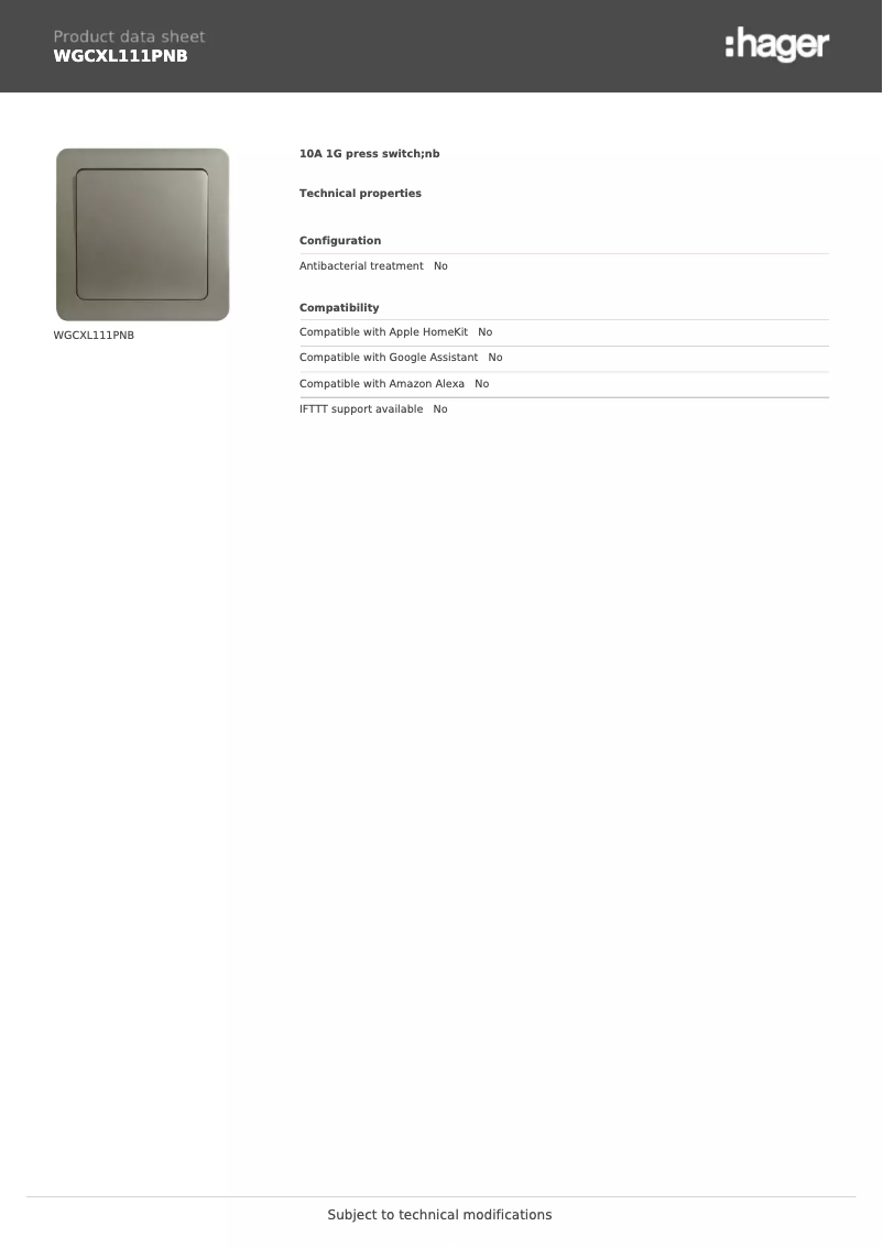 Page 1 de la notice Fiche technique Hager WGCXL111PNB