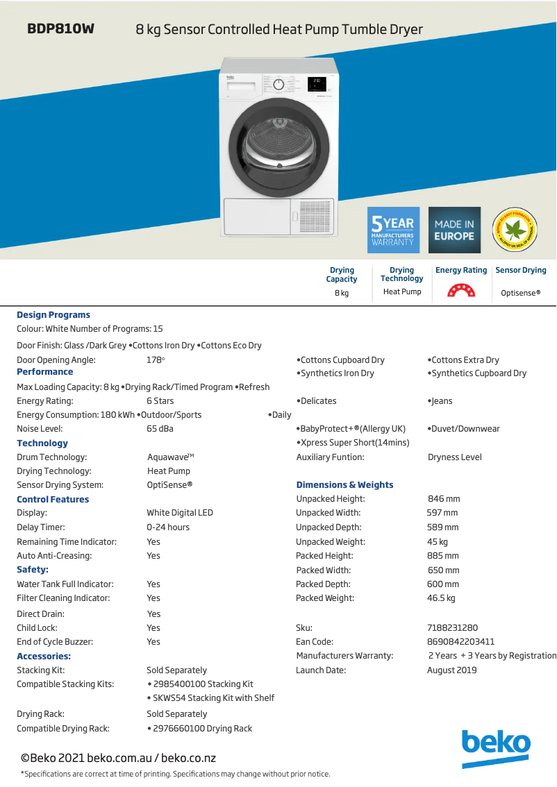 Page 1 de la notice Fiche technique Beko BDP810W