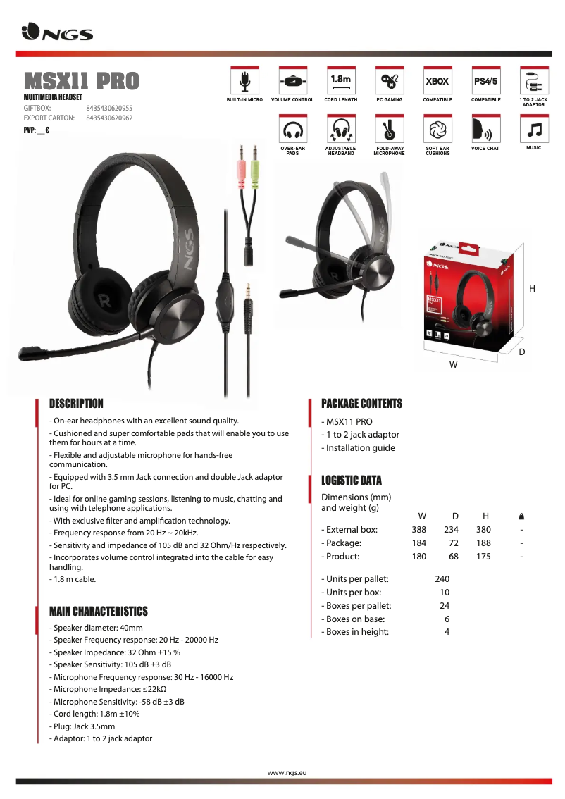 Page 1 de la notice Fiche technique NGS MSX11 PRO