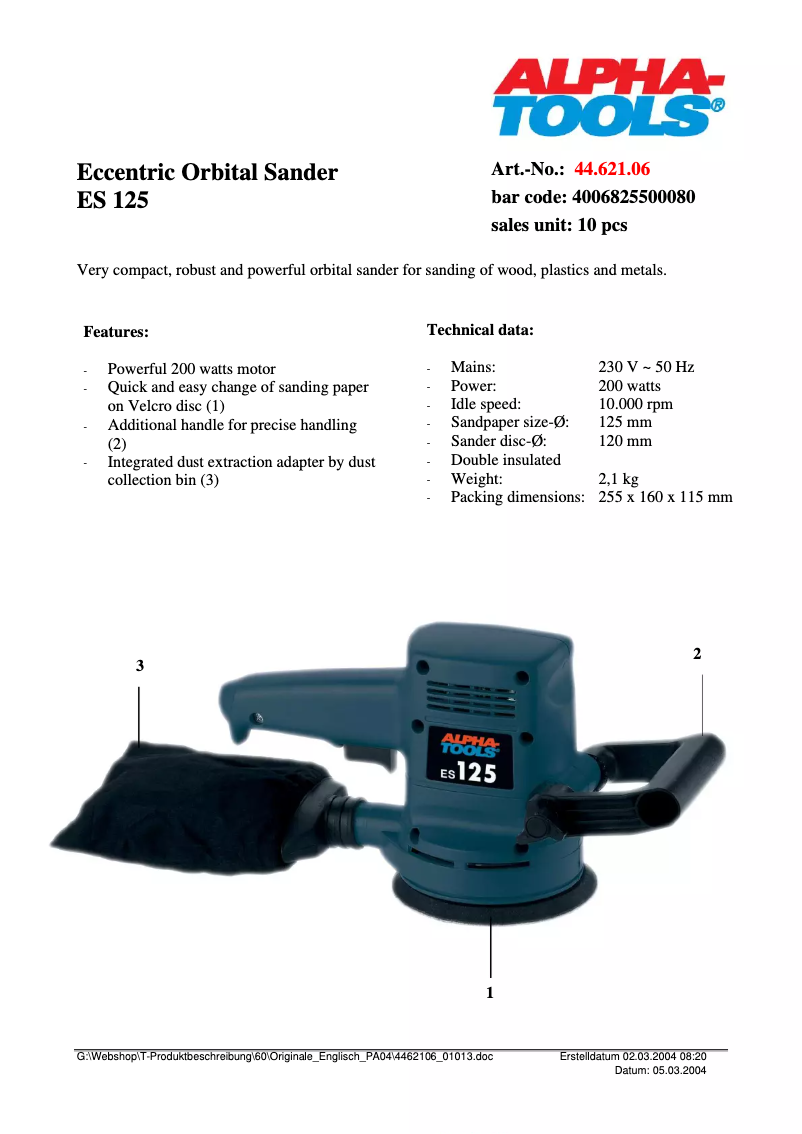 Page 1 de la notice Manuel utilisateur Alpha Tools ES 125