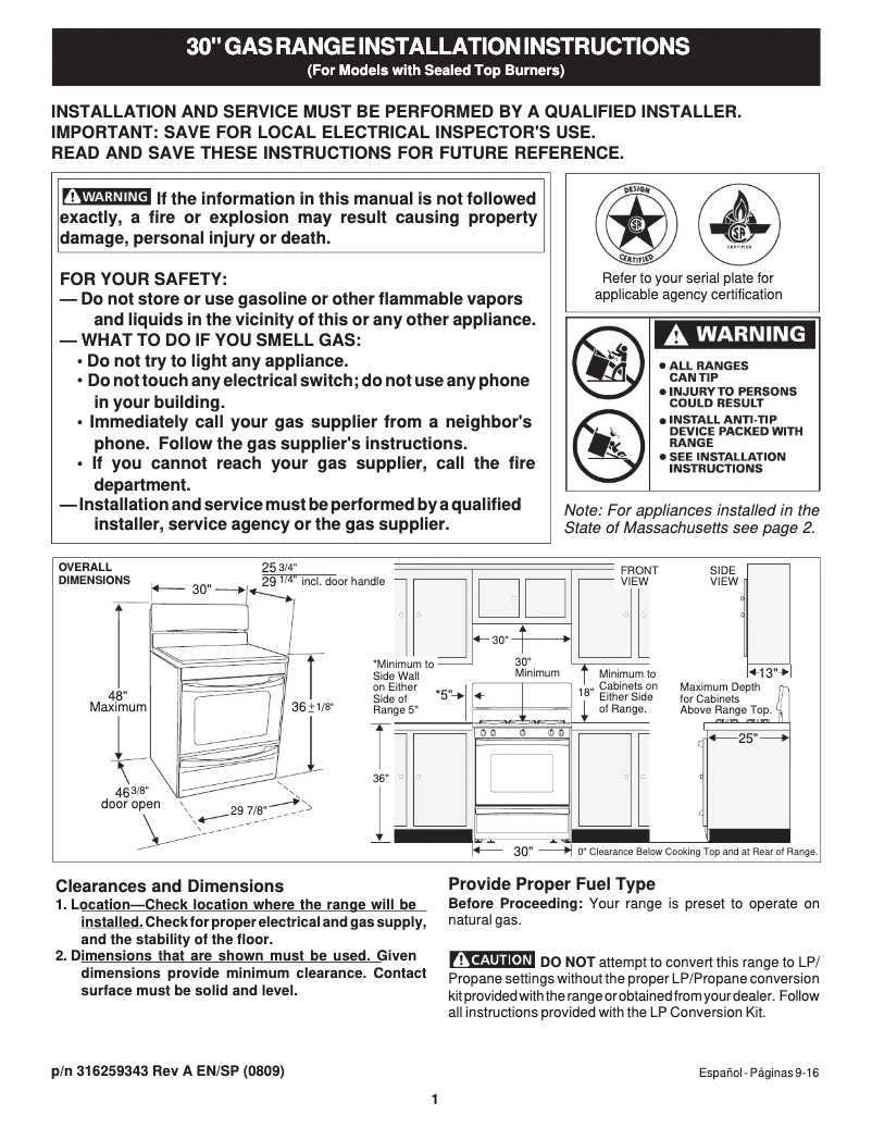 Page 1 de la notice Guide d'installation Frigidaire FGF328GS