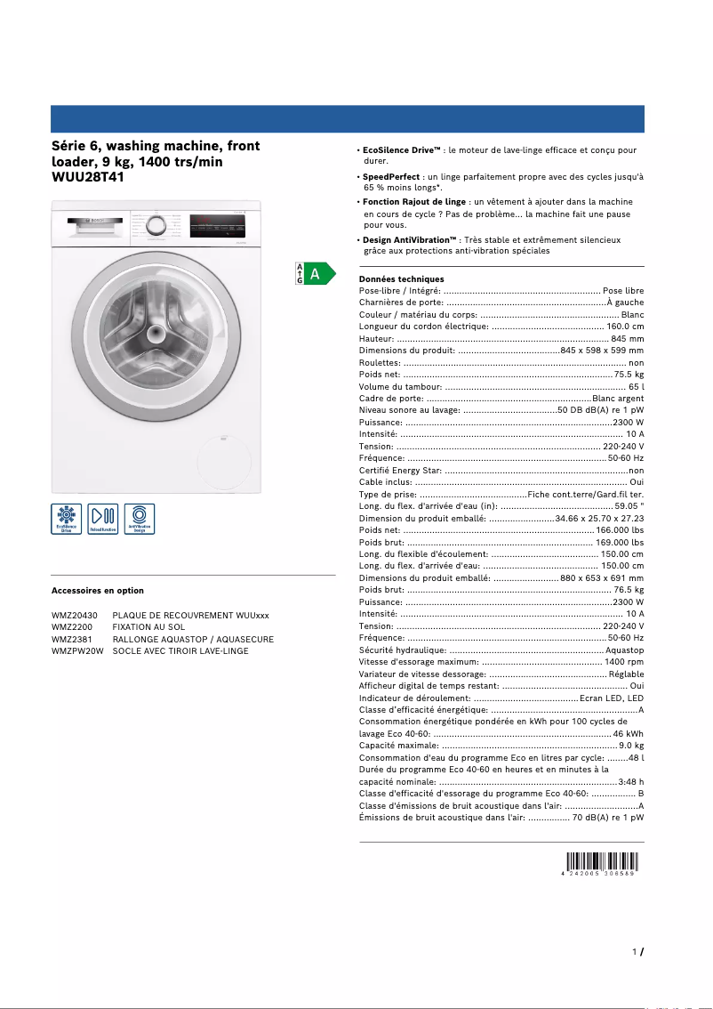 Page 1 of the manual Technical Sheet Bosch WUU28T41