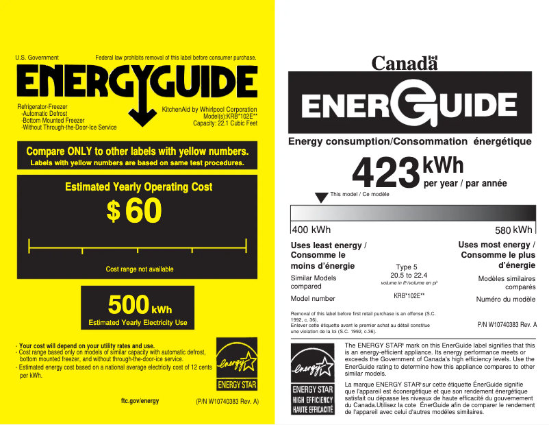 Página 1 del manual Etiqueta energética KitchenAid KRBL102ESS