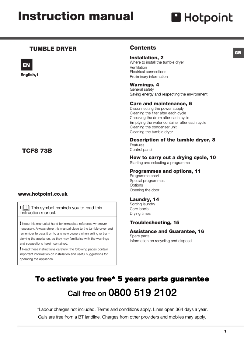 Page 1 of the manual User Manual Hotpoint TCFS 73B GP Aquarius