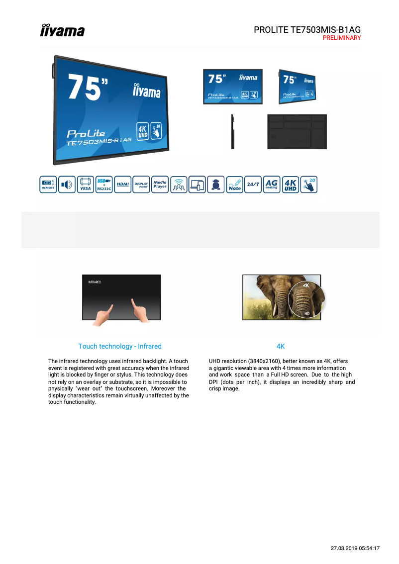 Page 1 de la notice Manuel utilisateur Iiyama ProLite TE6503MIS-B1AG